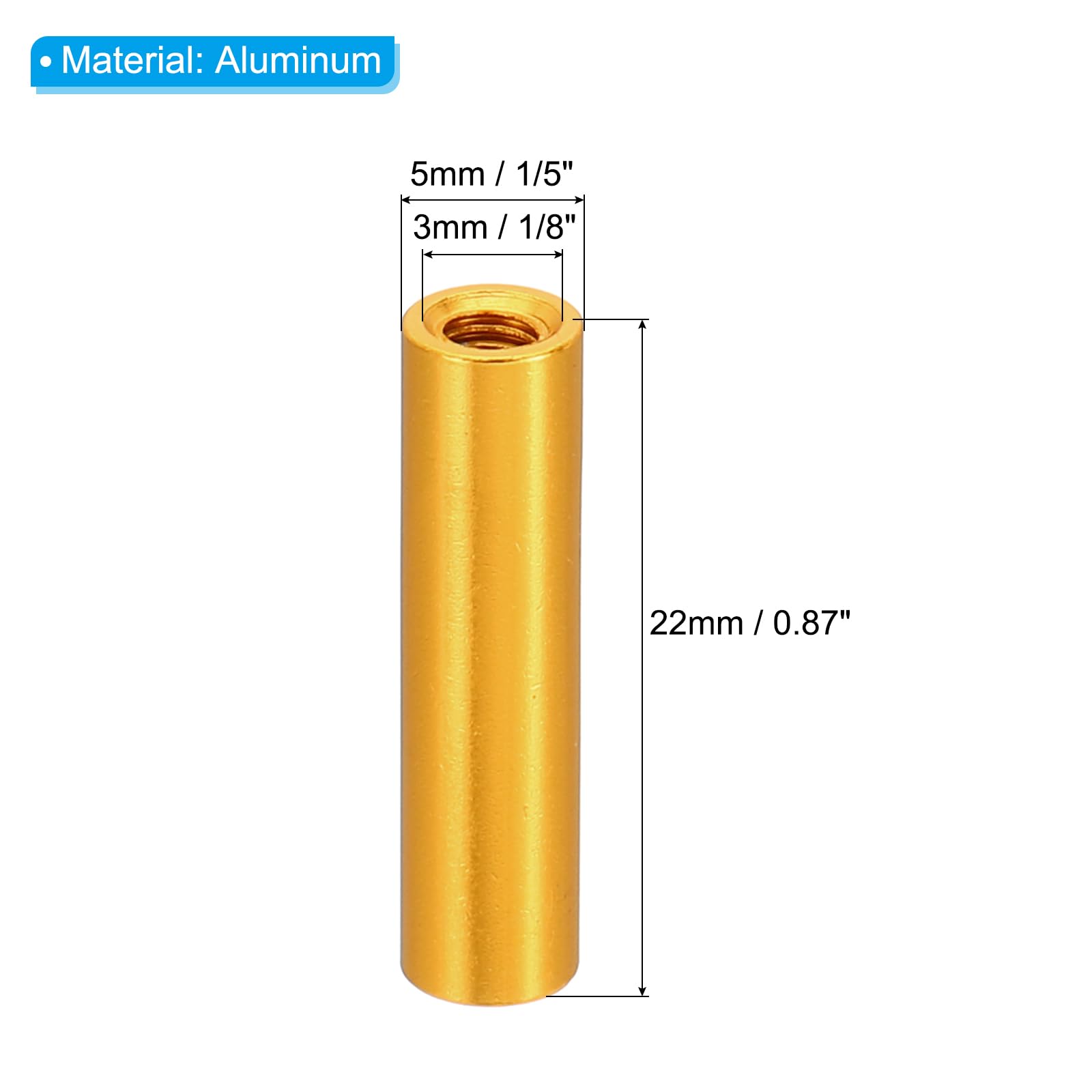 PATIKIL 12pcs M3 Metal Threaded Standoff Spacer Nuts, Round Aluminum Spacers Female Coupling Screws, 1/8" ID x 3/16" OD, Gold 3x5x22mm - Image 2
