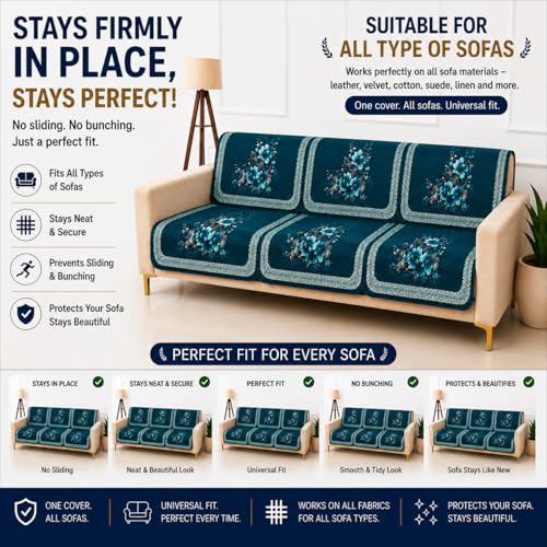 Image of Homerz 'Brooklyn Series' Premium Sofa Cover | Quilted Floral Design | Non-Slip Washable Sofa Protector | Soft Anti Slip Fabric (Teal, 5 (3+1+1) Seater, Seat Cover with Backrest)