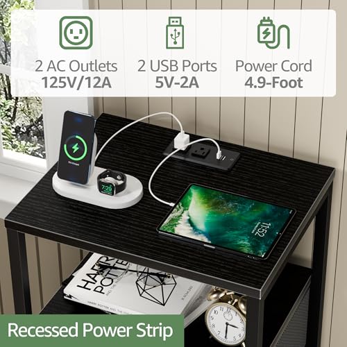 Image of BOLUO Black Nightstand with Charging Station, LED Night Stand with 2 Fabric Drawers, Bedside Table with USB Ports and Outlets, Nightstand for Bedroom Modern