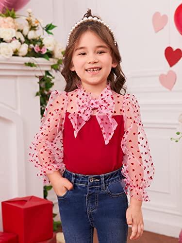 Image of WDIRARA Toddler Girl's Heart Print Sheer Mesh Cute Bow Front Long Sleeve Party Top Blouse