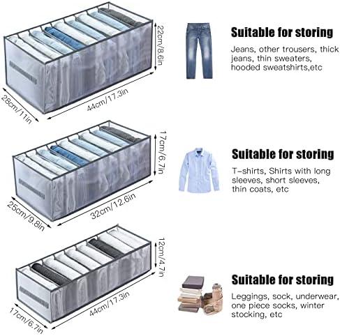 Yotako 3Pcs Closet Drawer Organisers, Foldable Wardrobe Clothes Organizer with Compartments, Nylon Wardrobe Storage Boxes for Jeans, Baby Clothes, Leggings, T-shirt, Trousers(Grey, 9, 9, 9 Grids)