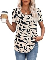 MOLERANI T Shirts for Women UK Round Neck Loose Casual Puff Short Sleeve Summer Tee Tops Front Pleated T Shirt Apricot Black Leaf S