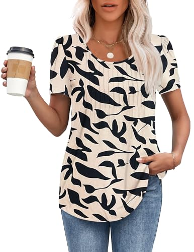 MOLERANI T Shirts for Women UK Round Neck Loose Casual Puff Short Sleeve Summer Tee Tops Front Pleated T Shirt Apricot Black Leaf S