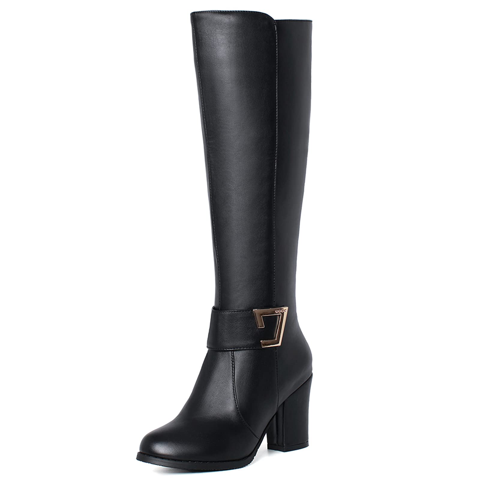 Onewus Bottes pour Femmes avec Talon Carré et Bottes à Tige Longue Zippée
