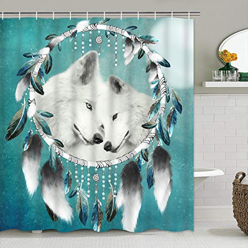 Ikfashoni 4 Stück Wolf Duschvorhang-Sets mit rutschfestem Teppich, WC-Deckelbezug und Badematte, Wolf Traumfänger… – Bild 4