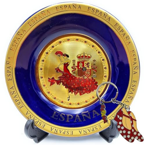Planta Color Plato Decorativo España con Flamenca y Escudo + Llavero de Metal. Incluye Soporte y Gancho para Colgar. Regalo Ideal para Amantes de España, Viajeros, Coleccionistas y Eventos (Bailaora)