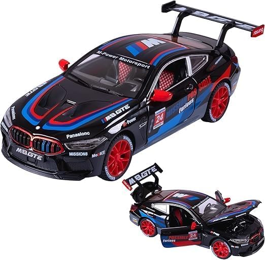 Image of WORSHIPER 1:32 B-M-W M8 GTE Exclusive Alloy Metal Die-Cast Pull Back Car | Openable 4 Doors with Light and Music | Best Boys� Gift Toy (1:32 B-M-W M8 GTE Black)