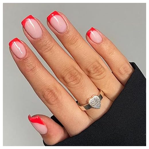 KXAMELIE Red French Tips Press on Nails Short with Designs Square Shape Glue on Nails Fake Nails for Women Acrylic Nails Press on Full Cover Coffin Nails 24 PCS False Nails