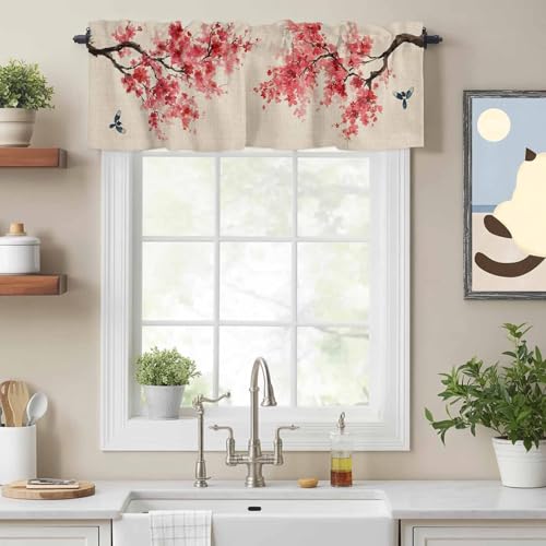 カフェカーテン 小窓用 107×45cm 春らしい 梅の花 鳥 レトロ 麻布背景 カーテン UVカット 防寒 保温 おしゃれ 省エネ 洗える 間仕切り 目隠し 書斎 喫茶店 洗面所 店舗飾り [2]
