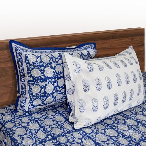 Image of TOAI Hand Block Printed Bedsheet | Bed Sheet Flatsheet | Pure Cotton | Double Bed King Size 108 inchx108 inch | 210 TC Bedsheets | Includes 2 Pillow Covers (Blue Night Kalamkari)