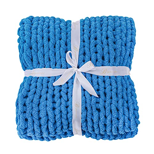 Bigacogo Chunky Knit Throw Blanket for Couch, 40x80 inches, 100% Hand Knitted with Thick Jumbo Chenille Yarn, Cozy Soft Large Rope Knot Cable Crochet Blankets for Sofa Bed Living Room, Bright Blue