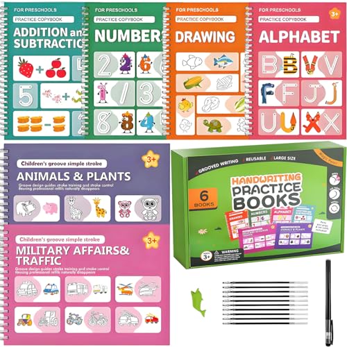 Image of Magic Grooved Handwriting Practice Books, 6-Pack Reusable Set with Disappearing Ink: Alphabet, Numbers & Drawing for Ages 3-8, Includes 1 Pen, 10 Refills & Pen Grips – Preschool Learning Gift Box