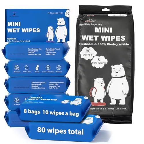 Image of Mini Flushable Wipes Travel Size - 80 Biodegradable Disposable Wet Wipes - Compact Travel Flushable Wipes for Purse, Backpack, and Airplane Travel - Wipes (8 Packs of 10)