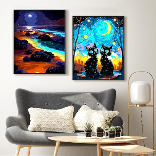 Yunnuo Paint by Numbers Kit for Adults, Seaside Night Scene Adult Paint by Number Kits on Canvas, DIY Beach Number Painting for Wall Decoration Festival Gifts 16"x20"(Glowing Sea Water& Moon) — view 4