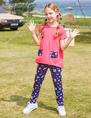 Image of Arshiner Toddler Girls Outfits Floral Hi-Lo Tops+pants Sets Short SLeeve 2pcs Pants Sets with Pockets