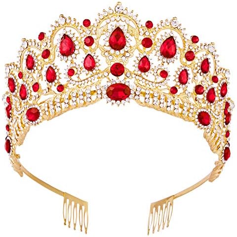 Queen of Hearts Costume Crown, Vofler Gold Red Evil Queen Tiara Ruby Crystal Accessories Christmas Headband for Adult Women Princess Bride Quinceanera Birthday Wedding Pageant Prom Halloween Party Cover