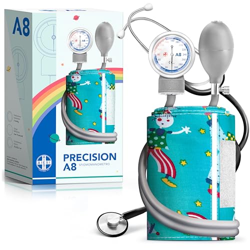 AIESI® Esfigmomanometro Manual Pediatrico Profesional Aneroide Tensiómetro clásico con brazalete de colores para ninos PRECISION A8, Garantía 24 meses