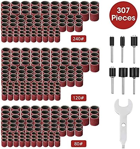 307 Pieces Drum Sander Set Sanding Drum Kit 300 Pieces Sanding Band Sleeves (80#/120#/240#) + 6 Pieces Drum Mandrels