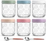 ALKNOT 6er Set Overnight Oats Gläser, 470 ml mit Deckeln und 2 Löffeln, Reliefglas für Joghurt, Chia Pudding, Salate, Snacks und Meal Prep; stapelbar, kompakt, BPA-freie Deckel