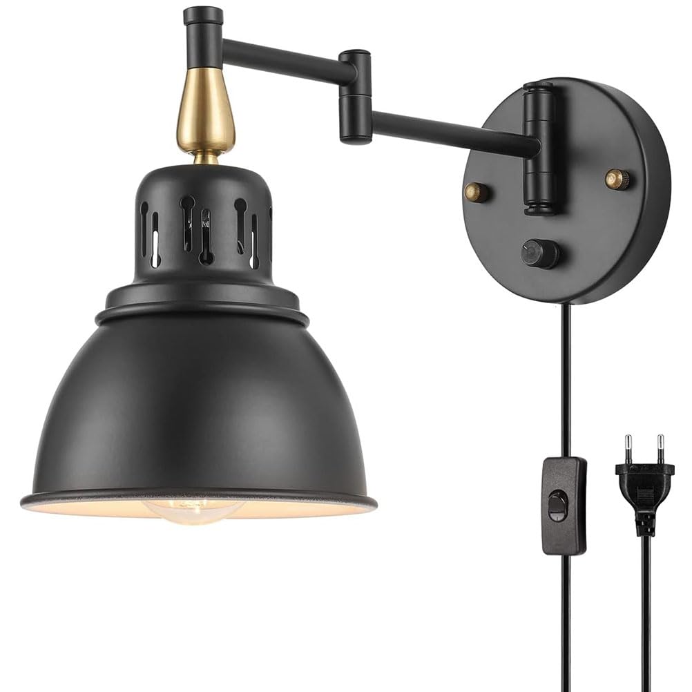 AoLa Vintage Metall Wandlampe mit Schalter und Stecke Schwenkarm Wandleuchte mit Kabel Verstellbare Langer Arm Nachttischlampe E27 Schwarz Industrielle Wandleuchten für Wohnzimmer Schlafzimmer,1 piece