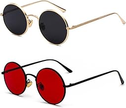 Pack Of 2 Round Sunglasses With Red Lens, Unisex, Retro, Metal Frame - Custom Fashion Accessories Decoration
