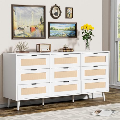 Anbuy White 9 Drawer Double Dresser with Rattan Drawers, Rattan Dresser Dual Rattan Chest of Drawers Modern Dresser for Bedroom with Rattan Door (White)