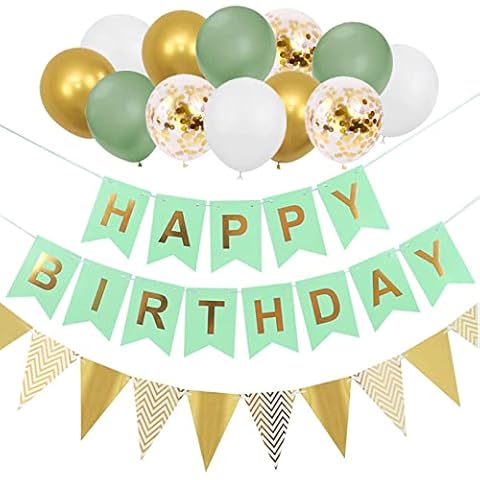 Elicola 14Pcs Happy Birthday Banner Birthday Bunting with Triangle Flag Confetti Balloons Sage Green Gold for Birthday Party Decorations Cover