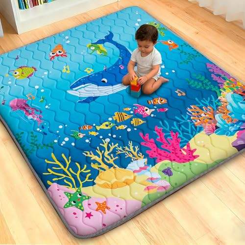 RONGFA Baby Play Mat for Floor, 47'' x 47'' Thicken Foam Soft Padded Mat for Baby, Playpen Mat for Toddlers Infant Kids, Machine Washable, Non-Slip Bottom Safe for Crawling (Sea)