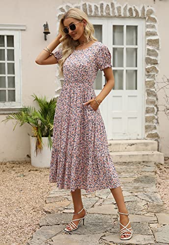 Image of NAVINS Womens Floral Print Modest Wedding Guest Midi Dress with Pockets | Puff sleeve tiered boho dress for summer, church, and vacations. Elastic waist, Below knee, hand or machine wash.