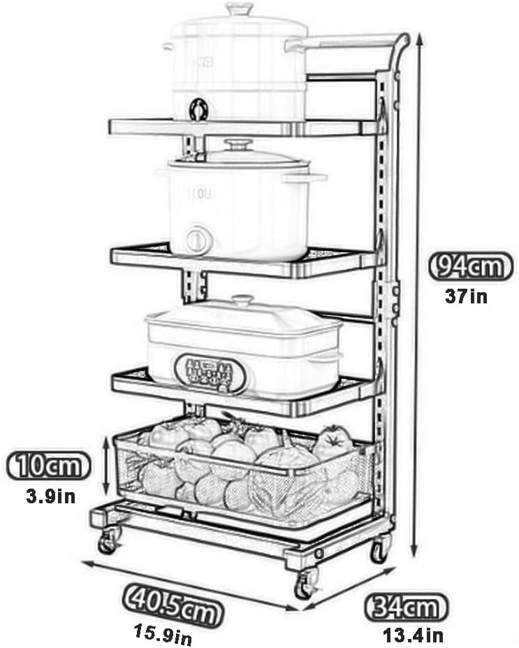 Fruit Vegetable Basket with Wood Handle for Kitchen, Pot Rack Organizer Adjustable Fruit Vegetable Storage Cart Storage Basket Organizer Utility Cart with Wheels (Color : White)