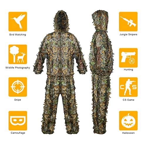 MostaShow Ghillie Suit, 3D Leafy Poncho, Woodland Camo Hooded Jacket, Lightweight Camouflage Clothing Gilly Suit for Jungle Hunting, Shooting, Bird Watch, or Halloween (Color 3) - Thumbnail 5