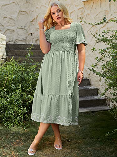 Glamaker Women's Plus Size Summer Casual Short Sleeve Smocked Square Neck A Line Flowy Midi Dress Long Dress2
