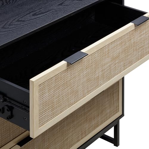 Image of Nathan James Kova Boho Dresser or Storage Cabinet with Drawers for Bedroom or Nursery with Textilene Rattan Accent and Metal Legs, Black Oak, Set of 2