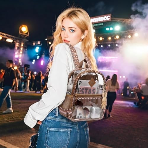 Image of MUSEVOS Clear Backpack for Stadium Events Approved 12x6x12, Thick TPU Mini Clear Bag with Front Pocket for Concert Sport Events Work Travel, Brown Boho
