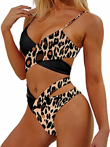 Lilosy Sexy Cute Wrap Push Up Cutout Two Color Block High Cut Leg Thong Brazilian Bikini Swimsuit Set Women Cheeky Bottom Colorblock Bathing Suit 2 Piece Black Leopard Medium #TOP2
