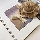 Pet Straw Sun Hat - Lace - Trimmed Summer Beach Hat with Bow, Adjustable Sun Protection Cap for Small Dogs & Cats (Size M, Khaki)