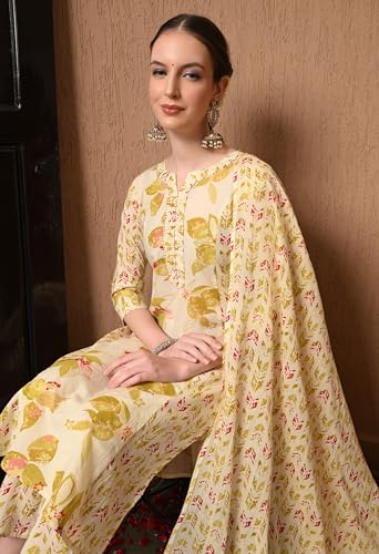 Image of Amazon Brand - Tavasya Women Cotton Anarkali Kurta Pant Dupatta Set | Printed Ethnic Suit Set | Flared Anarkali Kurta with Pant & Dupatta | Festive & Casual Wear