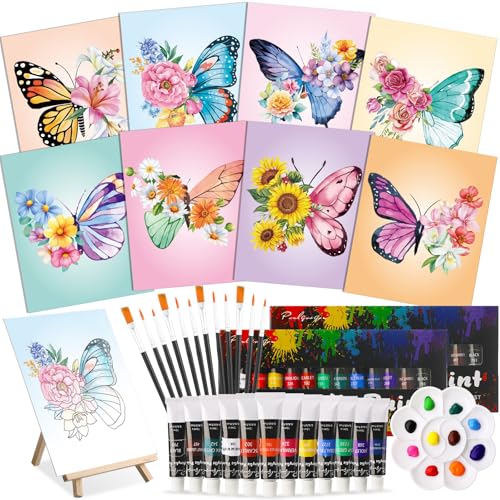 Cholemy 36 Pcs Paint and Sip Kit for Adults 8''x10'' Pre Drawn Canvas for Painting DIY Afro Acrylic Painting Kit Wood Easel Brushes Date Night Bulk for Mother's Day Party Gifts(Butterfly)