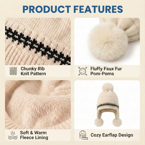 Image of Kraptick Children's Winter Cap: Velvet Thick Warm Woolen Knit Hat with Ear Protection for Children Stylish Korean Beanie with Long Pompom Ears & Fleece Lining Perfect for Winter -4