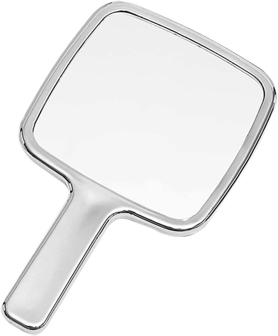 Small Handheld Vanity Mirror with Handle, Portable Square Makeup Mirror for Travel and Self Haircut, Silver Water Ripple Design for Men and Women