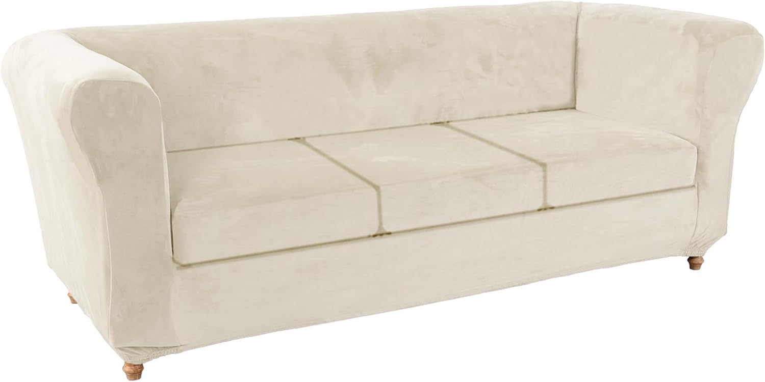 UNBBRRL Velvet Couch Cover for Chesterfield Sofa Slipcover Separate Large Seat Couch Cushion Covers Furniture Covers for Dogs Washable (Beige,Sofa+3 Large Seats)