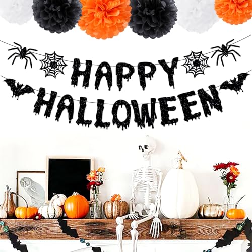 Image of Orange Black Happy-Halloween Party Decorations - 13PCS Spider Web Bats Streamers Banner ,Paper Flowers Lanterns Tissue Pom Poms Fans, Classroom Birthday Bachelorette Hanging Supplies Decor Hugfond