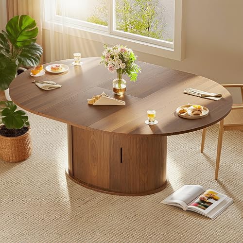 Wildhome Extendable Round Dining Table for 4-6-8, 63 Inch Dining Room Kitchen Table with 2-Tier Storage Shelf, Modern Farmhouse Fluted Wood Slide Door Dinner Furniture,Oval Circle,Walnut