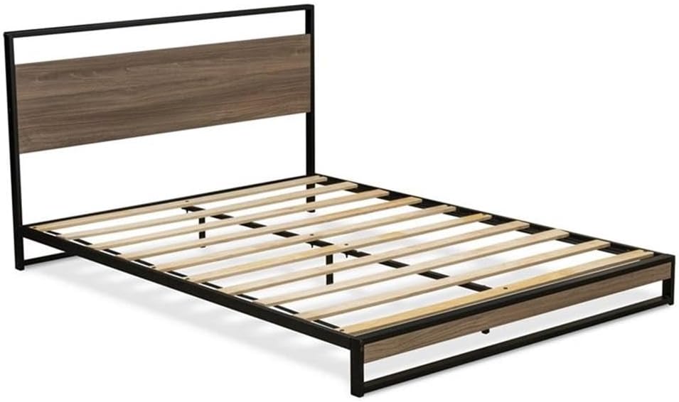 East West Furniture WIQBB03 Wilson Queen Frame with 3 Supporting Legs - High-Class Bed Frame in Powder Coating Black Color and Wea Thered Wood Laminate