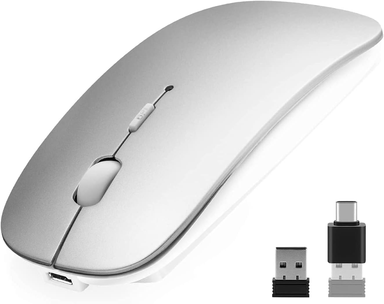 AE WISH ANEWISH Bluetooth Maus with USB-C-Adapter fur Mac/iPad/iPhone/PC/Computer, wiederaufladbar geräuschlos Mini Kabellose Maus für Windows/Linux/Android, 3 DPI Einstellbares Bluetooth 5.0 Silber