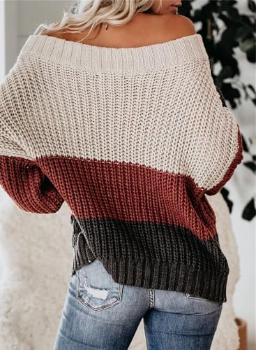 Image of VIMPUNEC Womens Off Shoulder Color Block Sweater Oversized Pullover Top