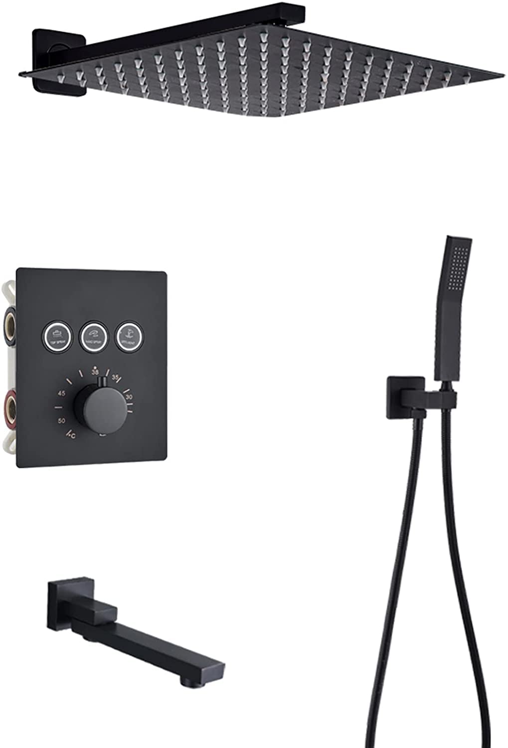 OZBMA Shower Set System Thermostatic Concealed Faucet Matte Black Wall Mounted Anti Scald with Hand and Rainfall Head Advanced Air Injection Te