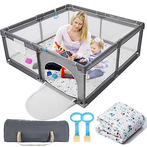 Image of Ude-licate 𝗣𝗹𝗮𝘆 𝗣𝗲𝗻 𝘄𝗶𝘁𝗵 𝗦𝗼𝗳𝘁 𝗠𝗮𝘁,Playpen for Babies and Toddlers,Baby Play Yards No Gaps, Playpen with Gate, Indoor & Outdoor Kids Activity Center, Safety Baby Fence(Grey, 50"x50")