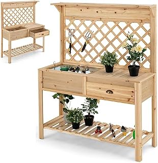GiantexUK Garden Potting Table, Wooden Planting Bench with with Trellis, Sliding Tabletop, Drawer, Planter Box, Drain Hole & Shelves, Flower DIY Workstation Table for Patio Courtyard, 120x43x150cm