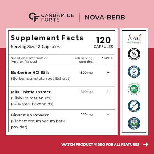 Image of Carbamide Forte Berberine 95% with Milk Thistle & Cinnamon | Berberine 500mg Liver Detox Supplement | 60 Veg Capsule (Pack of 2)